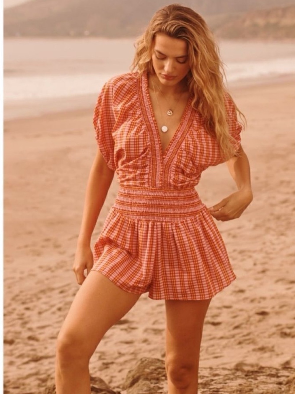 By Anthropologie Short Sleeved Gingham Playsuit Romper Sz S